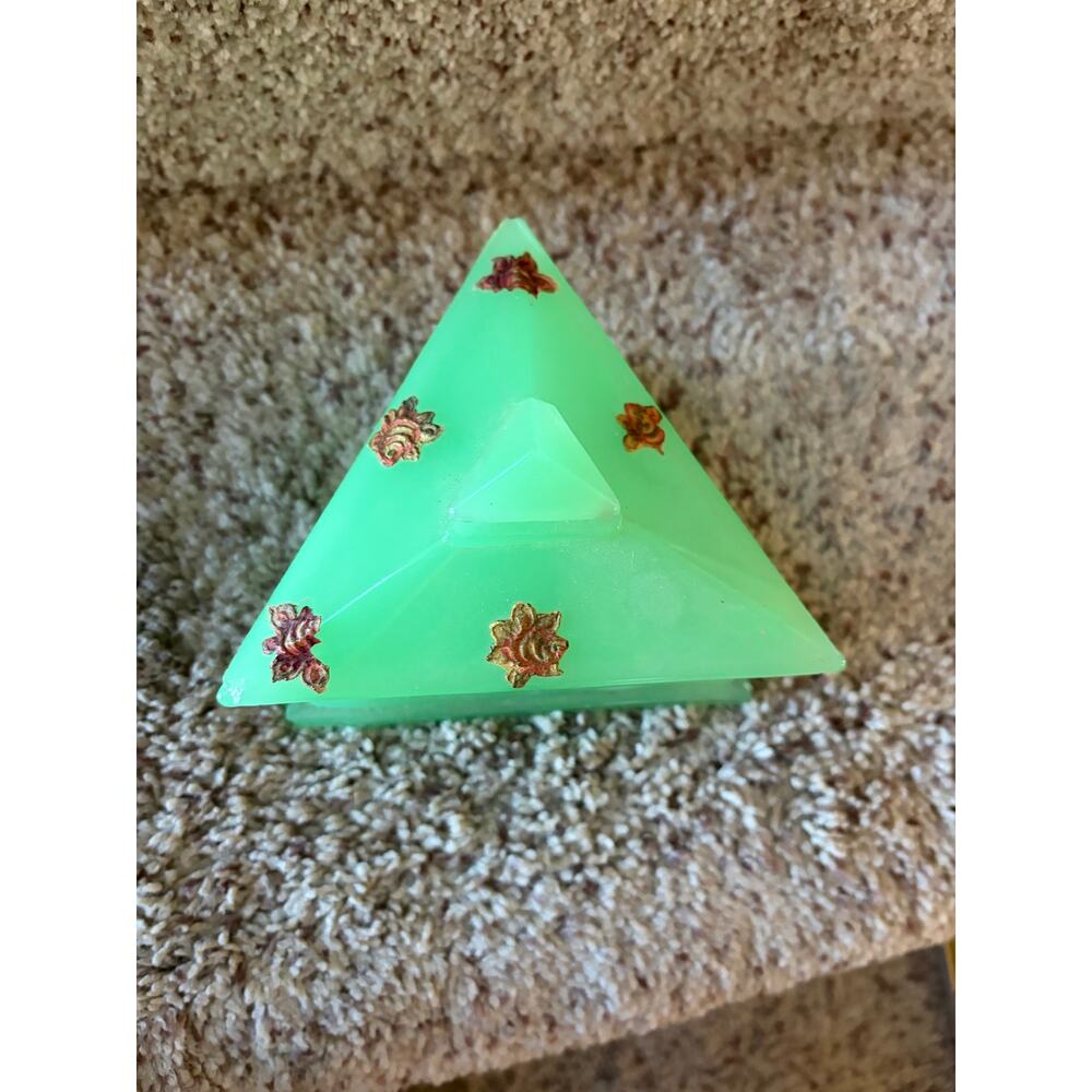 Vintage jade colored glass triangle bowl with lid and gold decorations